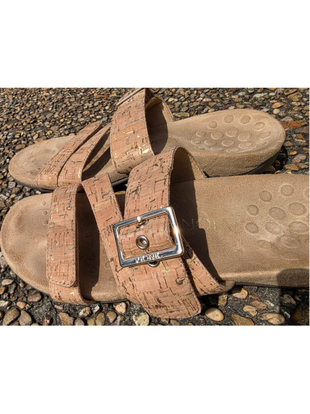 Vionic Cork Double Strap Slide Sandals Size 8 Gold Fleck Comfort Footbed - Picture 8 of 11